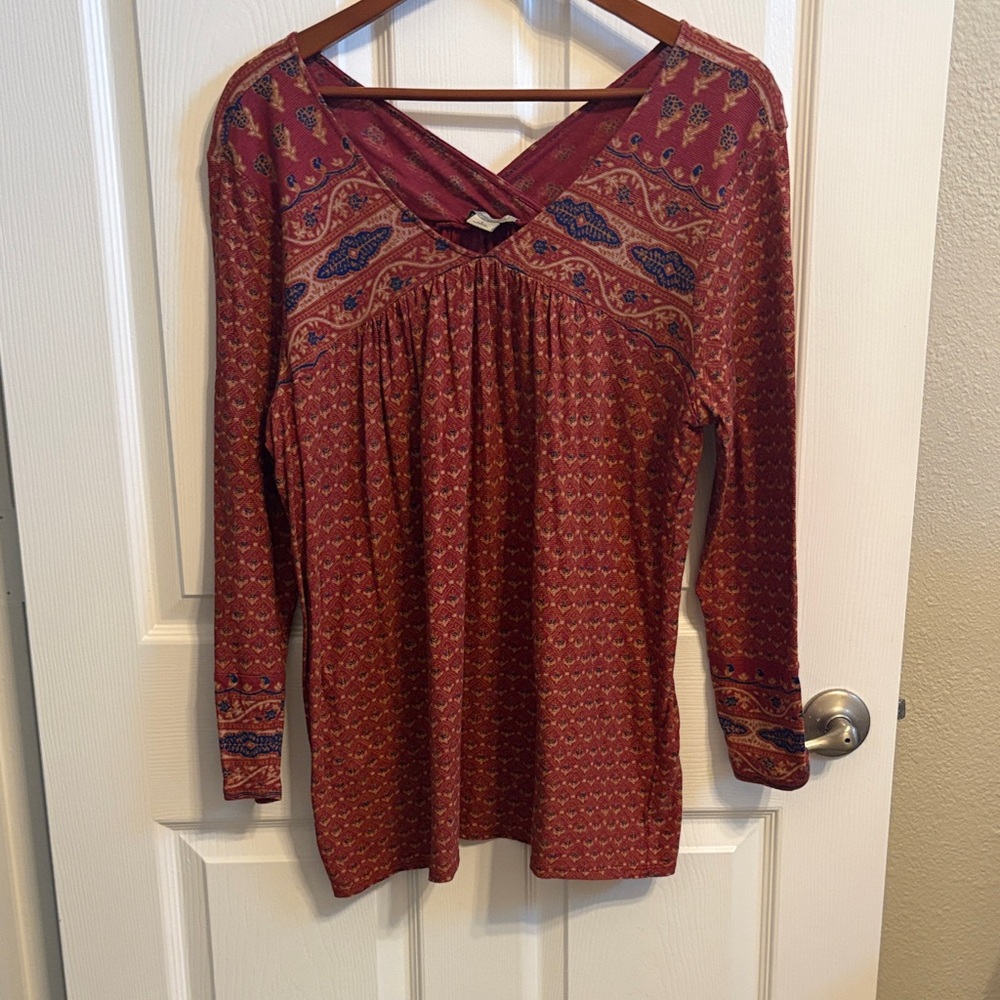 Lucky Brand Burgundy and Blue Patterned Long Sleeve Top